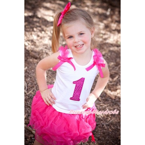 White Baby Pettitop with 1st Sparkle Hot Pink Birthday Number Print with Hot Pink Ruffles & Hot Pink Bow with Hot Pink Bow Hot Pink Petal Newborn Pettiskirt NN76 